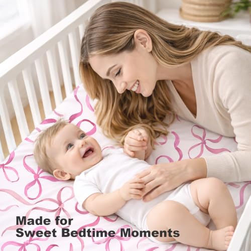Image of Bimocosy Crib Sheets 4 Pack, Baby Crib Sheets Fitted for Boys and Girls Breathable & Snug Fit, Soft Toddler Bed Sheets for Standard Crib Mattress Nursery Daycare Essentials, Bows