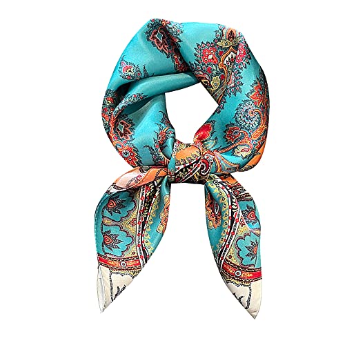 FEIBOON 100% Pure Mulberry Silk Scarfs 26x26 Square Scarf Women Neckerchief Headscarf hair scarf bandana Gift Packed (Green Ethnic Style)