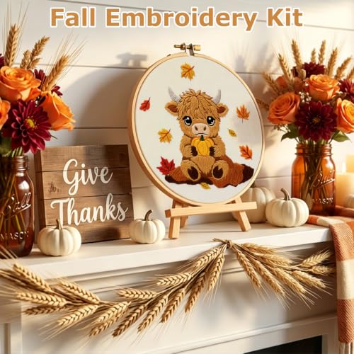 Image of Louise Maelys Highland Cow Embroidery Kit for Beginners(Autumn