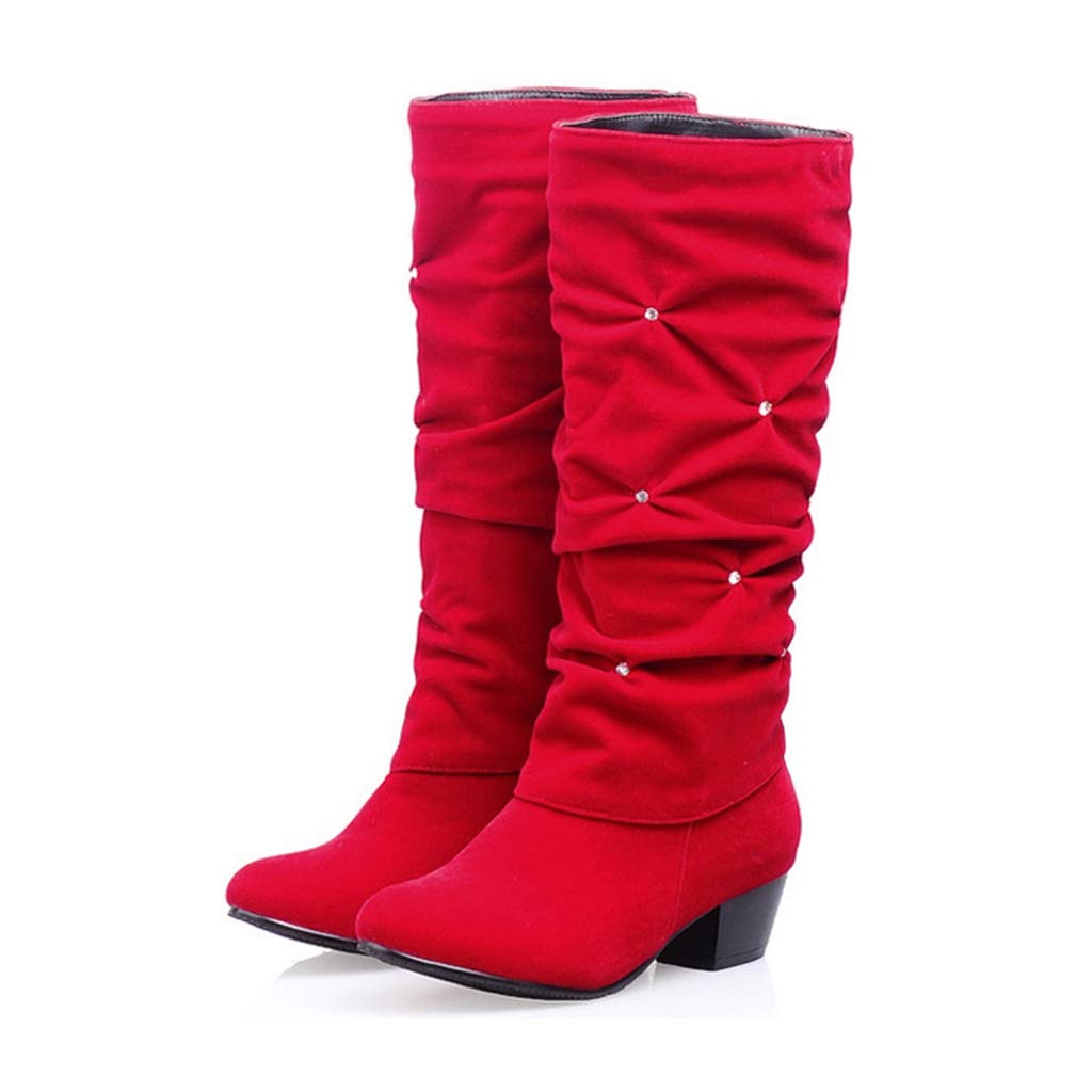 MIOKE Womens Fashion Slouch Mid Calf Riding Boots With Rhinestone Round Toe Suede Cozy Low Heel Dress Boots