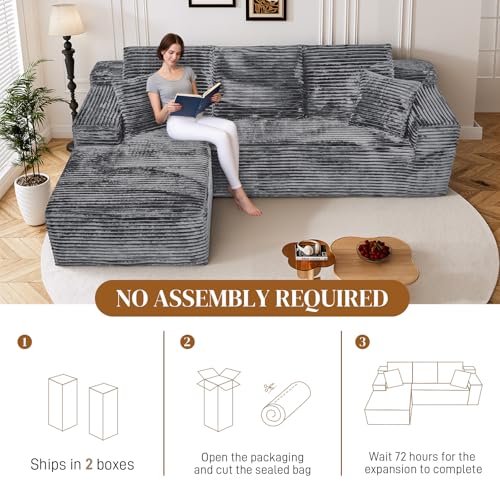 Image of 108 inch L Shaped Boneless Sectional Couches for Living Room, Comfy Corduroy Floor Cloud Sofa with Chaise, Wide Armrest, Deep Seat, Memory Foam, Assembly Free, Ideal for Small Spaces, Grey