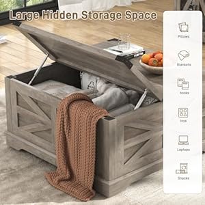 36" Farmhouse Movable Lift Top Coffee Table with Storage and Power Outlets, Square Wood Living Room Tables with Wheels&Large Hidden Space, Lift Wooden Barn Door Center Table, Grey 36 Farmhouse Movable Lift Top Coffee Table with Storage and Power Outlets Square Wood Living Room Tables with WheelsLarge Hidden Space Lift Wooden Barn Door Center Table Grey