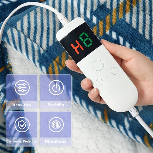 Image of Heated Blanket Electric Twin, Soft Flannel Heating Blanket with 8 Hours Auto Off 10 Fast Heating Levels Machine Washable Sherpa Heated Blanket with Overheating Protection