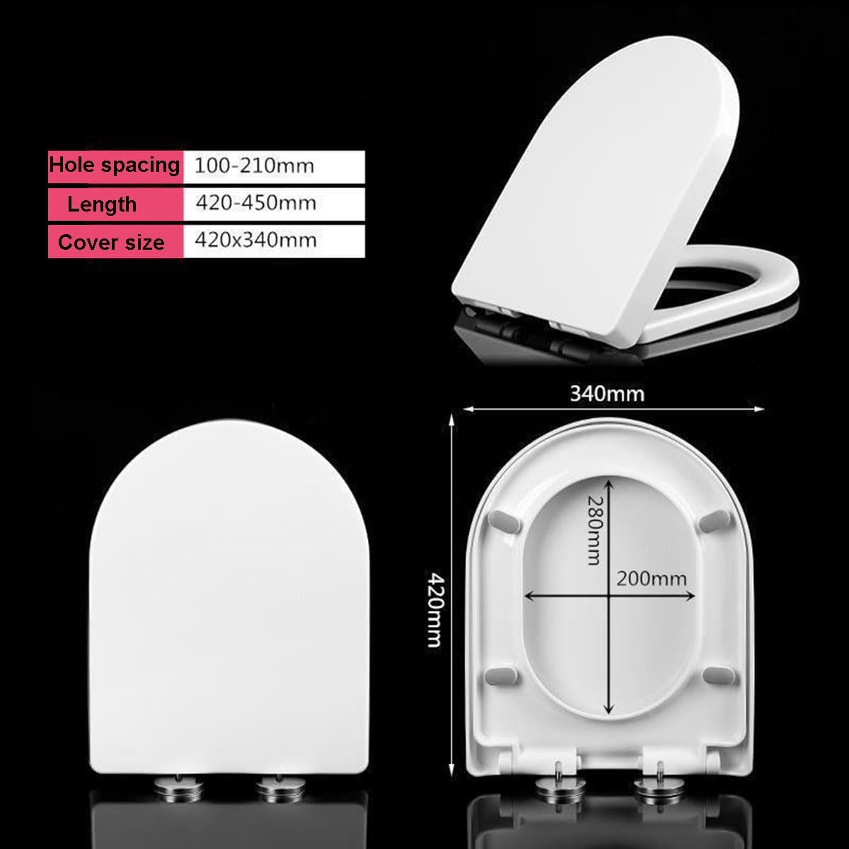 White D Shaped Toilet Seat with Quick Release, Adjustable Hinge, and Top Fixing