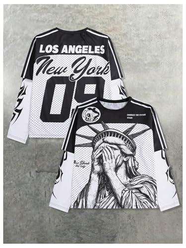 Image of VIPWOLF Men's Number Graphic Long Sleeve Jersey Shirts Oversized Y2K Round Neck 2 in 1 T-Shirts Streetwear Top