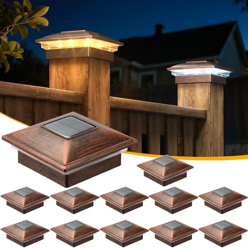 APONUO 12 Pack Solar Fence Post Lights 2 Modes(Warm/Cool Light) Outdoor Waterproof 4x4 Post Solar Lights Solar Powered Garden Patio Deck Decor for 4x4 Wood & Vinyl Posts Brushed Copper