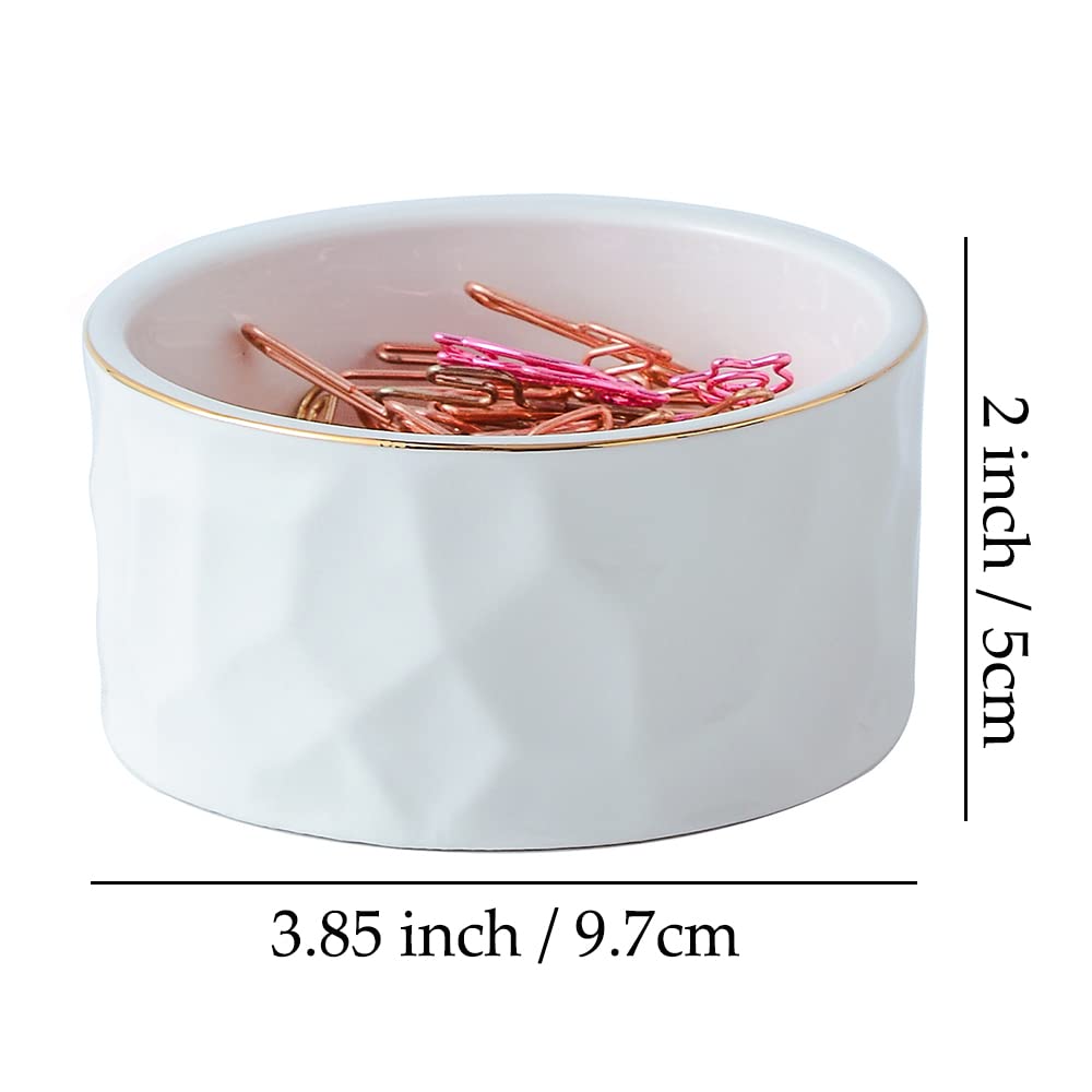 YOSCO Paper Clip Holder Ceramic Round Paper Clips Dispenser for Desk Cute,Gold Line Office Binder Clips Dispenser Organizer (White)