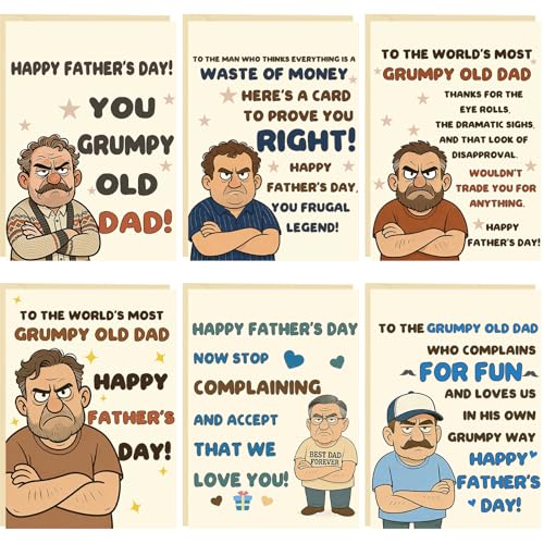 Londue Fathers Day Card Gifts for Husband Dad from Wife Daughter Son, Set 6 Pack 350GSM Grumpy Old Gits Humor Design, Hilarious Father's Day Card for Family Celebration