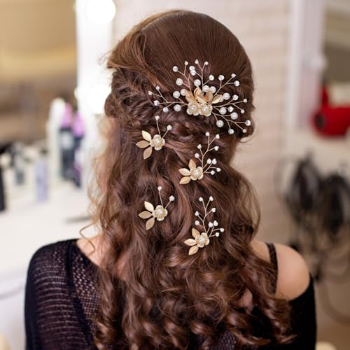 Molain 4 PCS Rhinestone Pearl Bridal Wedding Hair Pins,Gold Leaf Hair Pins Clips Crystal Pearl Flower Wedding Headpiece for Bride Bridesmaids Vintage Hair Accessories for Women - Thumbnail 6
