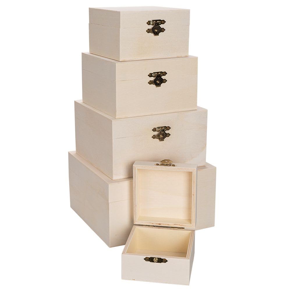 Ideen mit Herz Set di scatole in legno quadrate con coperchio e chiusura in metallo, 5 pezzi, varie misure