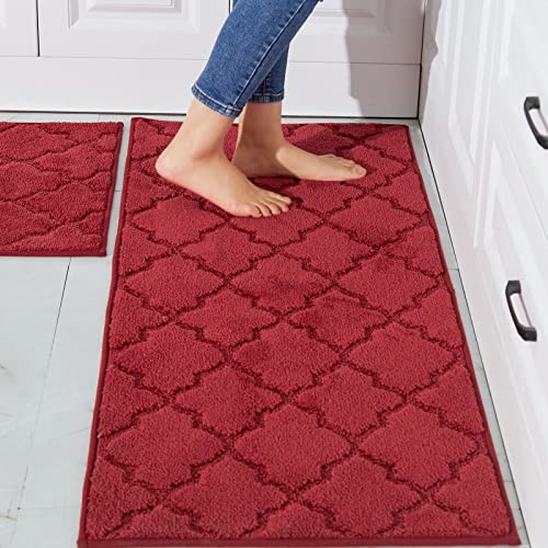 Cosy Homeer Soft Kitchen Rugs [2 Pcs] For In Front Of Sink Super Absorbent Kitchen Floor Mats And Mats 20X30 Inch/20X48 Non-Skid Kitchen Mat Standing Mat Washable,Polyester,Red #TOP24