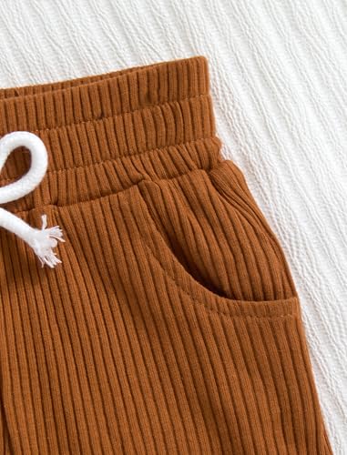 Hihosdor Baby Boy Clothes Ribbed Short Sleeve Striped Romper Top Solid Color Shorts Set with Pockets Baby Boy Summer Outfits, Brown, 12-18 Months — view 5