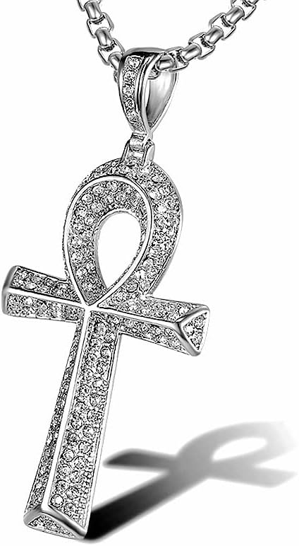 Mens Stainless Steel Gold & Silver Egyptian CZ Hip Hop Ankh Cross Pendant Necklace