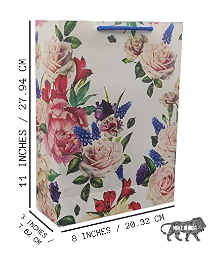 Image of Arrow Paper Products Deluxe Rose Flower Printed Paper Gift Bags for Return Gifts | Weddings | Birthday | Holiday Gifting & Presents (Size: 28x20x7.5 cm | Pack of 40)