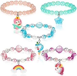 5 Pieces Unicorn Bracelet for Girls Mermaid Star Rainbow Bracelets Colorful Stretchy Beads Bracelets Beaded Pendant Charm Bracelets Friendship Bracelets for Kids Girls Jewelry Party Favors