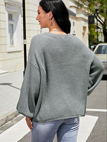 Zaful Women's Crewneck Oversized Sweater Lantern Sleeve Loose Sweater Pullover Knit Jumper Tops Gray #TOP3