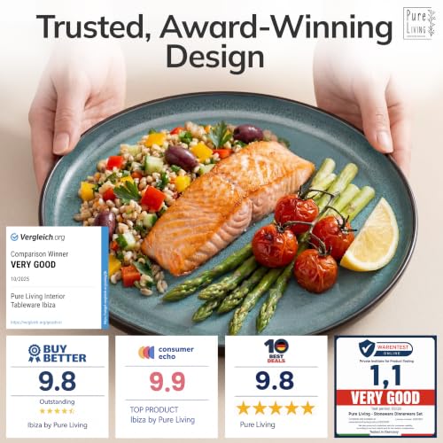 Image of 36 Piece Stoneware Dinnerware Set for 12, Handmade Plates and Bowls Set | Reactive Glaze Coating, Dishwasher & Microwave Safe Dish Set, Chip & Scratch Resistant Dishware Set, Ibiza Petrol Blue