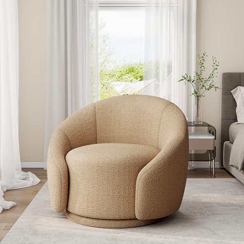 DREAMSIDEA Swivel Barrel Accent Chair, 360° Small Round Sofa Chair, Comfy Modern Reading Armchair for Living Room Bedroom (Boucle Light Brown, Set of 1)
