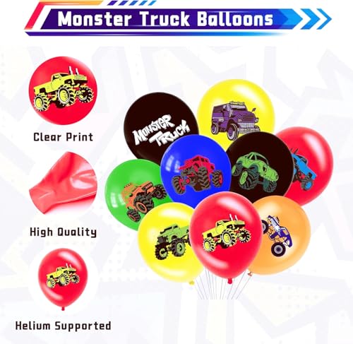 Image of 36 PCS Monster Truck Balloons Party Decorations, 12 Inch Colorful Monster Truck Theme Latex Balloon Bouquet for Kids Girls Boys Baby Shower for Birthday Party Supplies Decoration