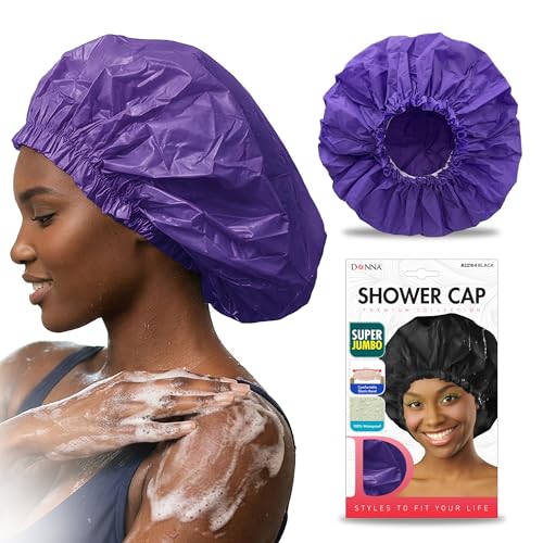 DONNA Super Jumbo Shower Cap – Comfortable Elastic Band, 100% Waterproof Hair Cap for Long Hair, Braids & Thick Styles, Reusable Big Shower Cap for Women, Keeps Hair Dry & Protected, PURPLE