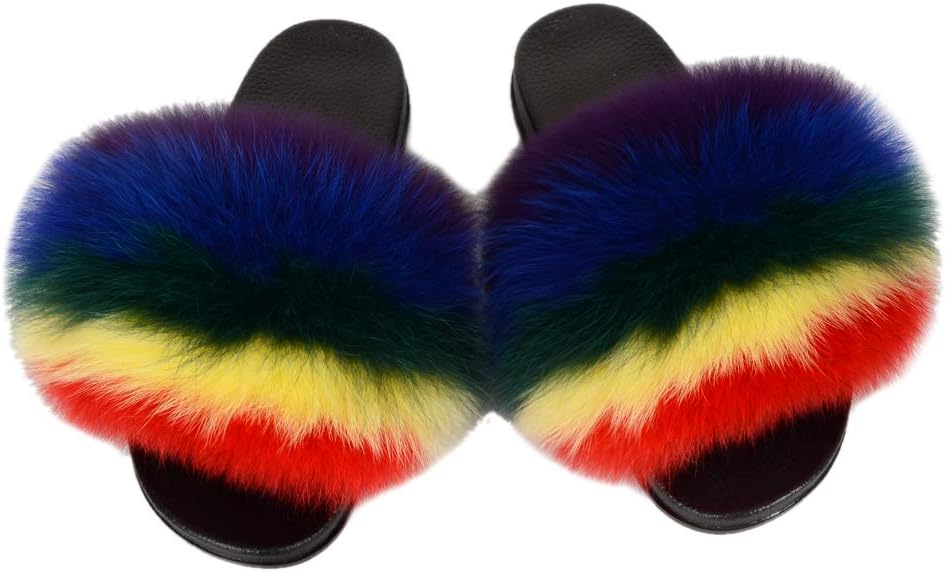 QMFUR Women Open Toe Real Fur Slides Multicolor Furry Fur Slippers Women Shoes Single Strap Sandals