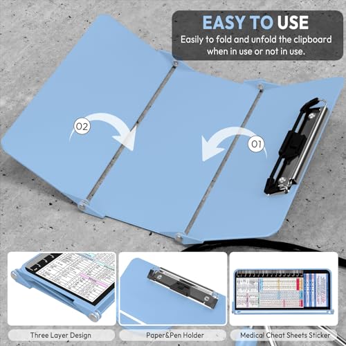 Image of Nursing Clipboard Foldable, Foldable Clipboard w /Nursing Edition Cheat Charts,3 Layers Aluminum, Nurse Clip Board w /Low Profile Clip&Pen Clip Pocket for Nurses and Doctors,Light Blue