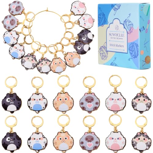 SUNNYCLUE 12Pcs 6 Styles Cute Knitting Markers Cat Stitch Marker Enamel Alloy Planner Charms Metal Knit Locking Crochet Markers for Knitting Crocheting Weaving Sewing Quilting Jewelry Making Supplies