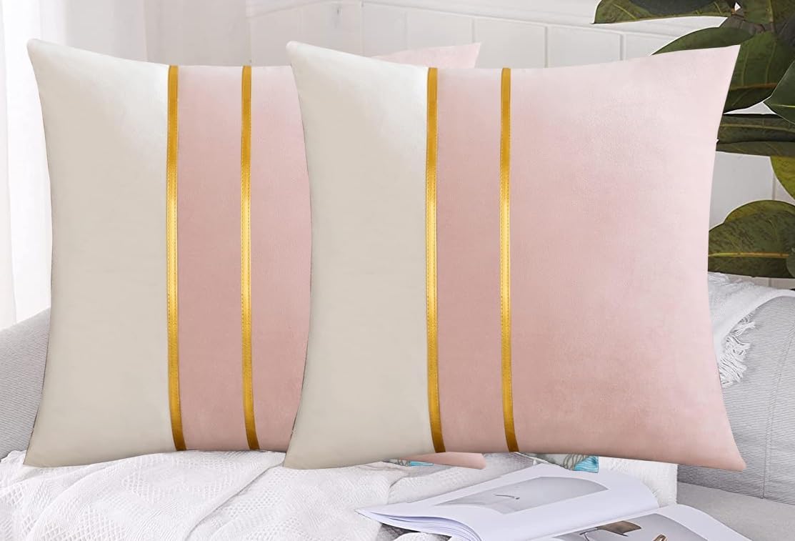 HIMS Velvet Sofa Pillow Cover Set of 2, Cushion Covers 12 inch x 12 inch for Cushion Covers Decor Living Room Sofa Bedroom Car (Pink/White, 12x12 Inch)