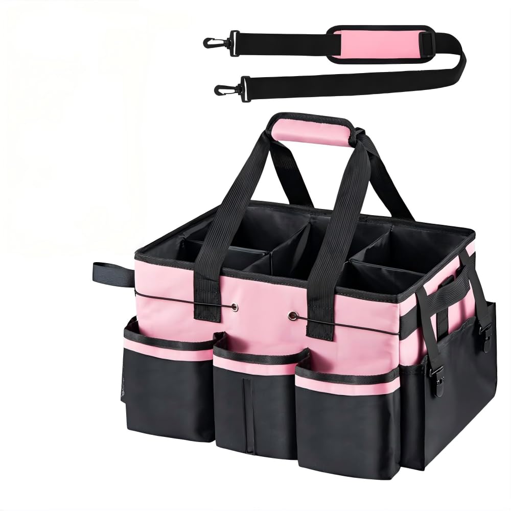 Skikhn Pink Cleaning Caddy Organizer With Handle, Large Multi-Compartment Cleaning Tote Bag 5 Internal Pockets, Oxford Cleaner Caddy Organizer With Adjustable Shoulder Strap For Cleaning Supplies, Garden