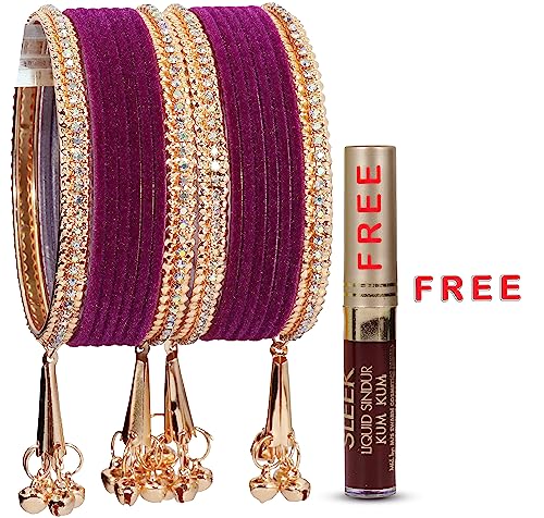 Image of NMII Metal with Zircon Gemstone and Velvet Studded Bells Latkan Bangles Set For Girls and Women I Latkan Bangles, Premium Bangle Bracelet Set I Pack of 16 Bangles