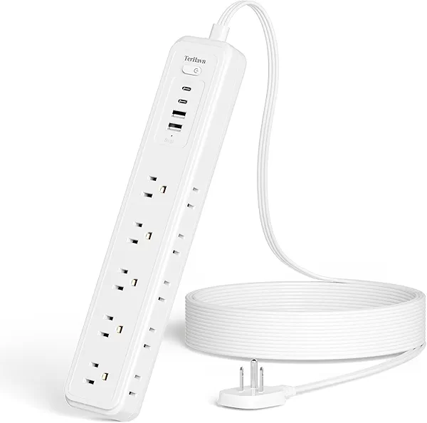 10Ft Power Strip Surge Protector - TerHavn Extension Cord with 15 AC Outlets and 4 USB Ports for for Home, Office, Dorm Essentials, 1080 Joules,15A 1875W UL, (White)