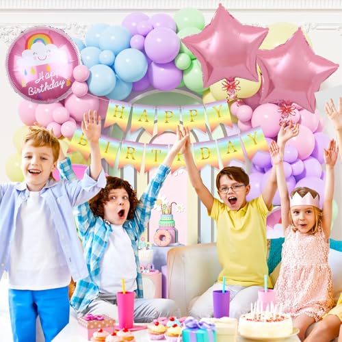 Image of Rozi Decoration Rainbow Birthday Decoration Kit - 58 Pcs Happy Birthday Decor Set with Foil Balloon, Banner, Arch & 50 Pastel Balloons for Boys & Girls Birthday Party Supplies