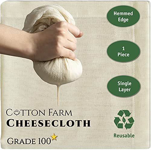 Cotton Farm - Grade 100 (The Finest) Premium Quality Cheesecloth with Hemmed Edge, Double or Single Layer,%100 Cotton, Ultra Fine, Unbleached, Reusable, Washable; (1 Piece - Single Layer)
