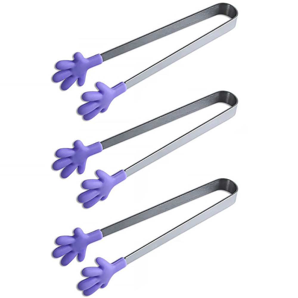 SEIWEI Silicone Mini Tongs, 3PCS 130mm Hand Shape Food Tongs, Tiny Kitchen Tongs, Stainless Steel Serving Food Tongs, Sugar Ice Tongs, Appetizers Tongs, Toaster Tong, Food Picks for Kids (Purple)
