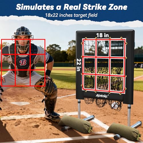 Image of 9 Hole Pitching Net with Strike Zone, Heavy-Duty Baseball & Softball Training Equipment for Pitching and Hitting, 5 Height Adjustable 9 Pocket Target, Portable Practice Equipment for All Ages