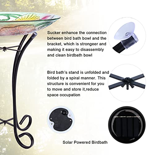 Mumtop Glass Bird Baths For Outdoors, Solar Outdoor Bird Baths With Metal Stand For Garden Lawn Backyard Hummingbird Decor, 18”Dia 21.65”Height #TOP4