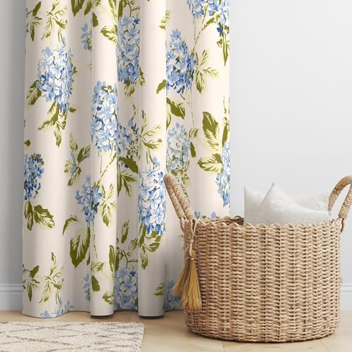 Image of THE LINEN COMPANY Duck Canvas Printed Curtains 5 Feet for Window, Floral Pattern Window Drapes, 5ft Set of 2, Flower Heaven Blue