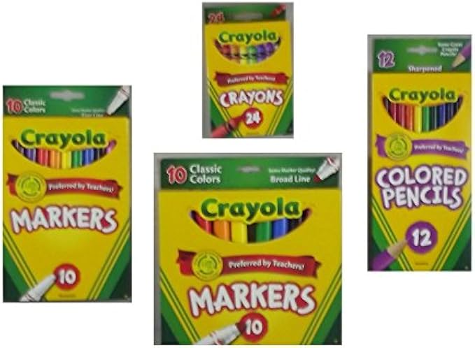 Crayola Crayons (24 Count), Colored Pencils in Assorted Colors (12 Count), (10ct) Classic Fine Line Markers, and (10ct) Classic Broad Line Markers Holiday Bundle