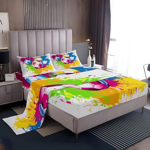 Queen Size Sheets Set Sports Football Paint Splash Design, Soft