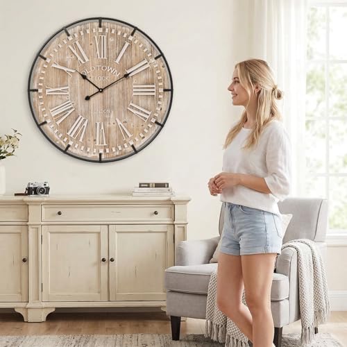 Image of EMAX HOME 30 Inch Extra Large Wall Clock - Farmhouse Rustic Wood & Metal Design Silent Non-Ticking Battery Operated Decorative Oversized Clock for Living Room, Kitchen, Office & Bedroom