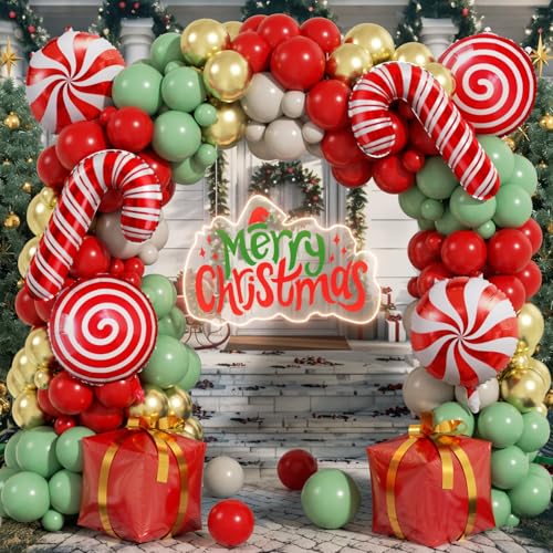 Image of 170Pcs Christmas Balloon Arch Garland Kit with Xmas Red Sage Green Gold White Sand Latex Balloons Gift Box Candy Cane Foil Balloons Arch Kit for Christmas New Year Party Party Decorations