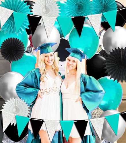 Image of Teal Turquoise Black Graduation Decorations 2026 /Turquoise Black Graduation Party Decorations /Turquoise Birthday Party /Teal Silver Triangle Banners 2pcs for Bridal Shower /Wedding