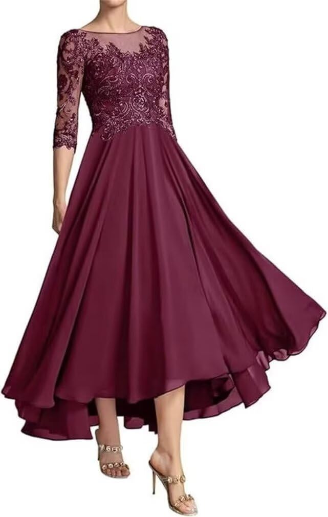 Mother of The Bride Dresses for Women Tea Length Lace Appliques 3/4 Sleeves Chiffon Formal Party Evening Gowns