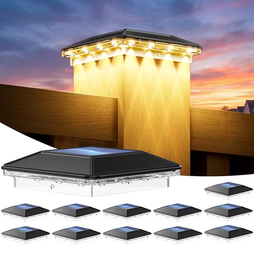 ENSLI 12 Pack 4x4 Solar Post Cap Lights Outdoor, 3 Modes 16 LED Fence Post Solar Lights, Focused Lens Deck Fence Post Lights Solar Powered Waterproof Fits 4x4 3.5x3.5 Vinyl Wooden Posts for Deck Porch