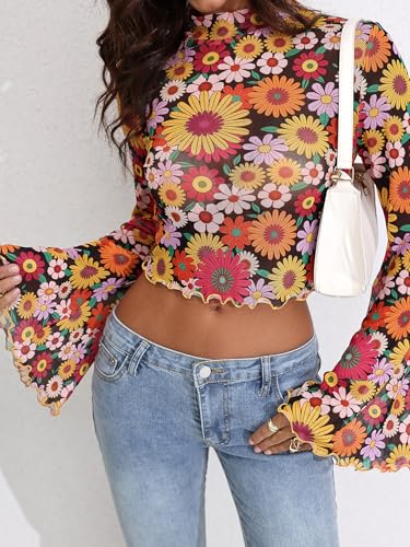Women's Y2K Floral 70s Top Hippie Shirt Sheer Mesh Tee Shirt Disco Long Bell Sleeve T Shirts Crew Neck Boho Crop Tops4