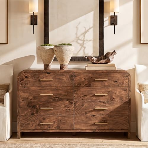 Image of Curved 8-Drawer Dresser for Bedroom, 53.82 inch Wide Modern Chest of Drawers, Vanity Desk TV Stand for Living Room, Closet Storage Drawers Organizer Furniture, Nursery, Hallway, Dark Burl