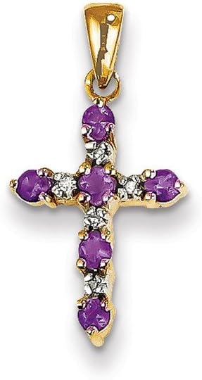 Sonia JewelsSolid 14k Yellow Gold Amethyst Purple February Gemstone and Diamond Cross Pendant Charm - 22mm x 11mm (.05 cttw.)