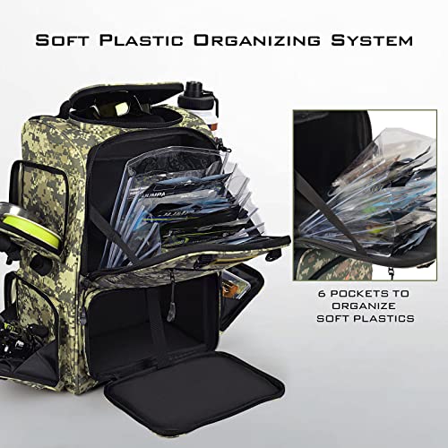Kastking Bait Boss Fishing Tackle Backpack With Rod Holders,4 Tackle Boxes,Waterproof Protective Rain Cover,34L Large Storage Waterproof Tackle Boxes For Fishing,Camping, Hiking,Dark Green Camouflage #TOP1