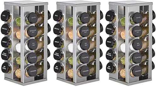 Kamenstein 20 Jar Heritage Revolving Countertop Spice Rack Organizer with Spices Included, FREE Spice Refills for 5 years, Brushed Stainless Steel with Black Caps (Pack of 3)