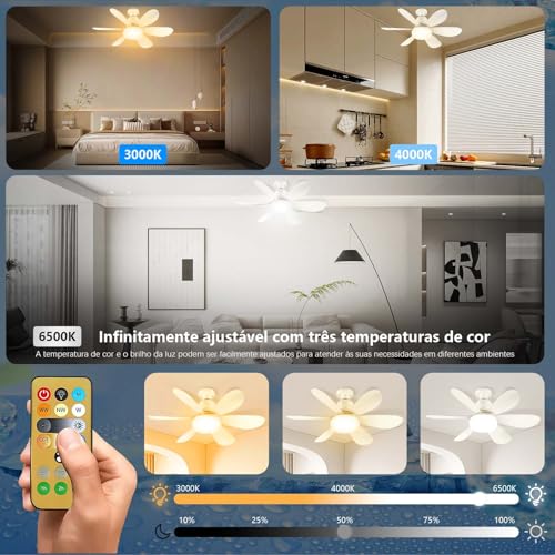 Ventilador de Teto com Luz, Ventilador E27 com Controle Remoto, 3 Cores, 3 Velocidades de Vento, Ade